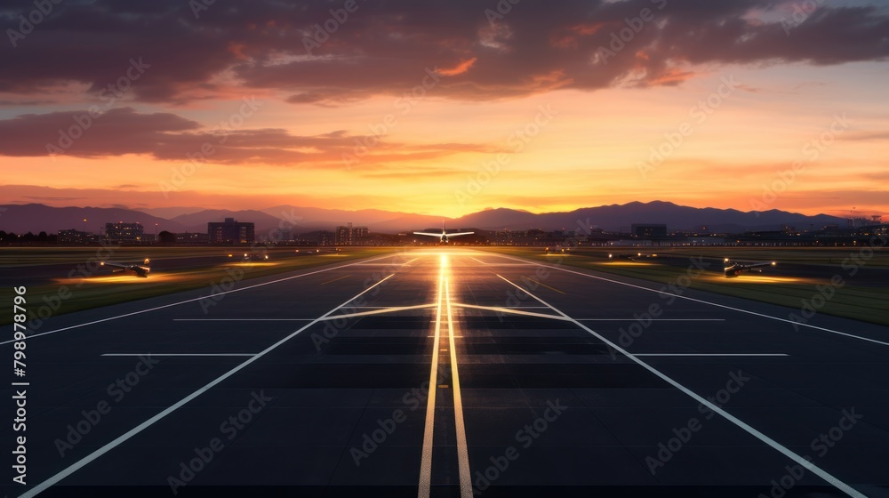 airport runway in the evening sunset light, ready for airplane landing or taking off