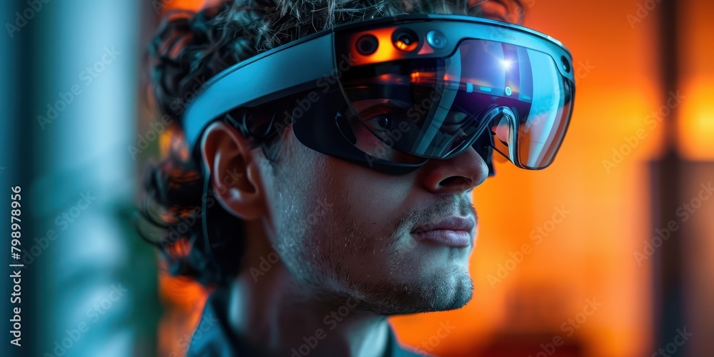 Mixed reality headset in use, combining virtual and real environments, close-up, digital photography, immersive technology Mixed reality headset in use, combining virtual and real environments, close-up, digital photography, immersive technology
