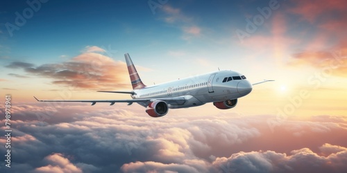Commercial airplane jetliner flying above clouds in beautiful sunset light. Travel and business concept. panoramic banner background.