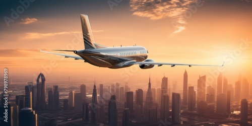 The private jet plane flying above Dubai city in beautiful sunset light. Modern and fastest mode of transportation, business life. panoramic banner background.