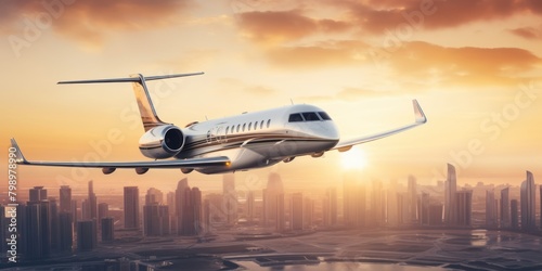 The private jet plane flying above Dubai city in beautiful sunset light. Modern and fastest mode of transportation, business life. panoramic banner background. photo