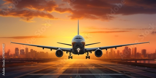 Passengers airplane landing to airport runway in beautiful sunset light, silhouette of modern city on background, panoramic banner background. photo