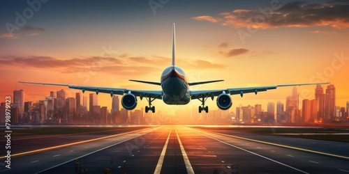 Passenger airplanes landing to airport runway in beautiful sunset light, silhouette of modern city on background, Backside view, panoramic banner background.