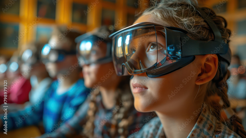 Mixed reality in classroom, students interacting with virtual historical events, close-up, digital photography, educational innovation Mixed reality in classroom, students interacting with virtual historical events, close-up, digital photography, educational innovation