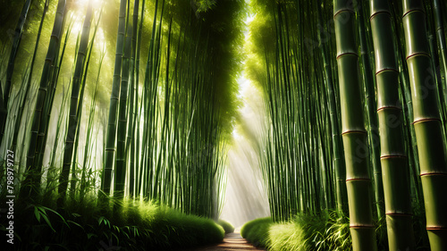 A tranquil bamboo forest  with tall stalks swaying gently in the breeze and shafts of sunlight illuminating the lush green foliage