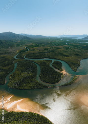 Aerial view of Mangroves in Hinchinbrook National Park. Mountains, rivers and Ramsay Bay Beach along the Thorsborne Trail on Hinchinbrook Island