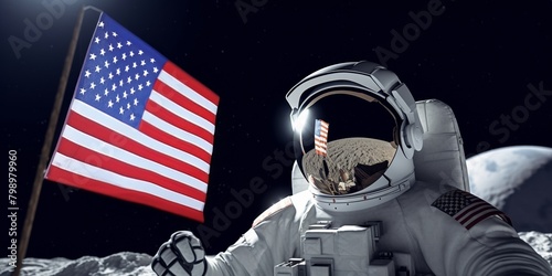 An astronaut is planting the American flag on the moon. photo