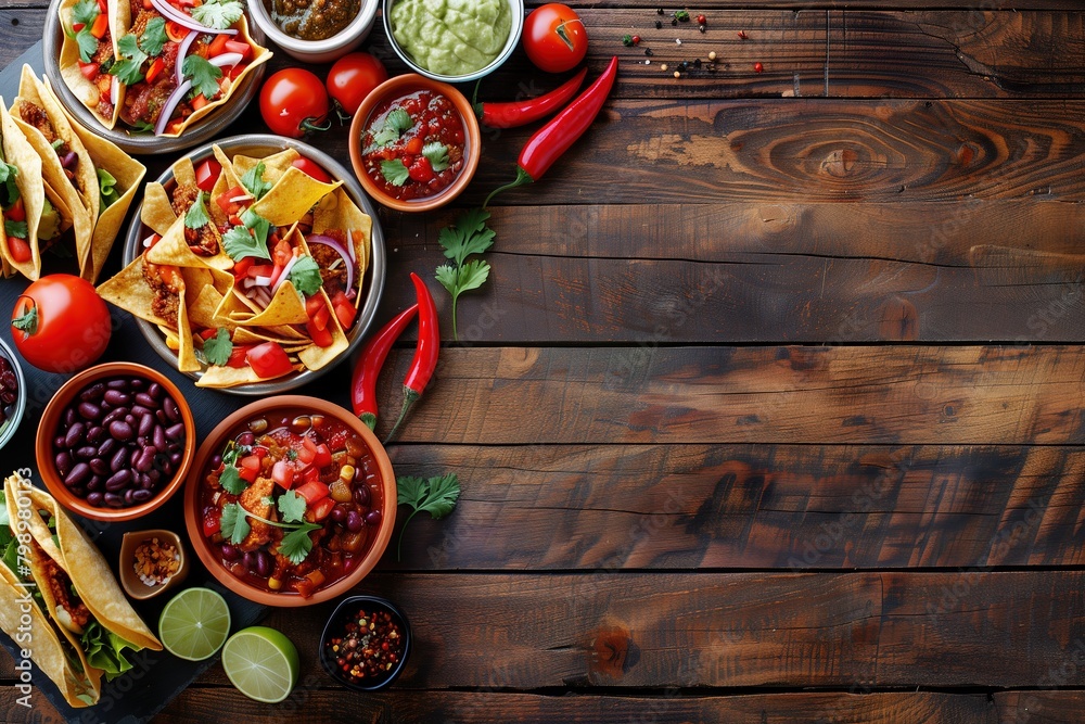 Mexican food on a wooden background, shown from above with various dishes such as tacos, black beans, tortilla chips, and guacamole salad