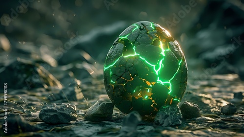 Cracked Glowing Egg Green Energy Lines on Dark Stone Background