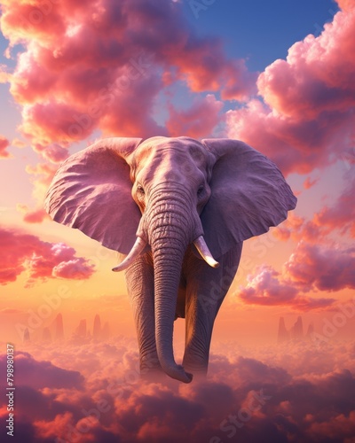 An elephant standing in the clouds with a pink background