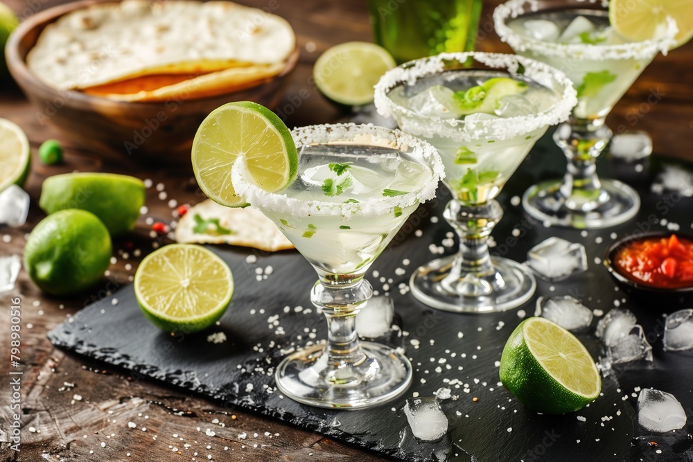Three glasses of margaritas with salt on the rim and lime garnish, fresh limes scattered around. Three glasses of margaritas with salt on the rim and lime garnish, fresh limes scattered around.