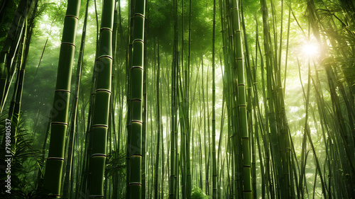 A tranquil bamboo forest  with tall stalks swaying gently in the breeze and shafts of sunlight illuminating the lush green foliage