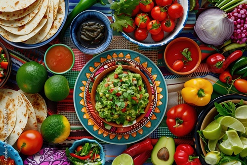 Mexican food background with pico de gallo, guacamole and salsas on the table with tortillas, chilies, peppers, tomatoes, avocados, leaves and other vegetables