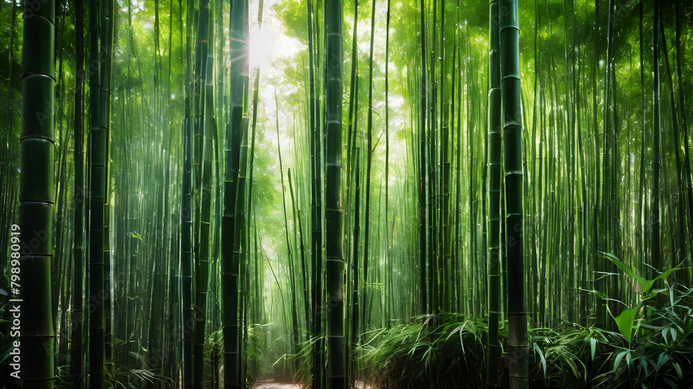 A tranquil bamboo forest, with tall stalks swaying gently in the breeze and shafts of sunlight illuminating the lush green foliage A tranquil bamboo forest, with tall stalks swaying gently in the breeze and shafts of sunlight illuminating the lush green foliage