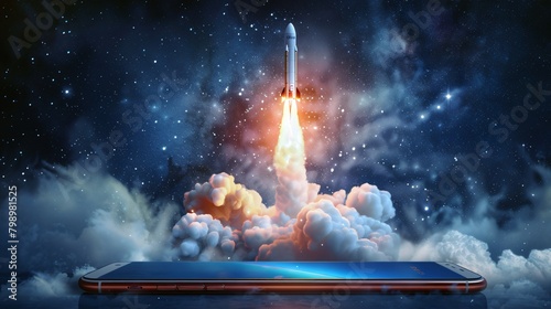 A creative depiction of a space rocket launching from a mobile device, surrounded by smoke, symbolizing application optimization and successful startup concepts.