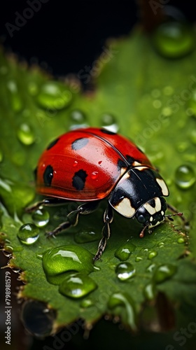 Closeup of a ladybug crawling on a vibrant green leaf, dew drops visible, natural environment, focus on the red and black spotted insect