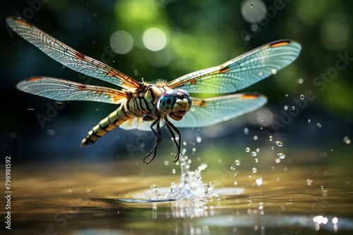 Dragonfly in flight captured in high speed, blurred water surface background, emphasizing motion and agility of wildlife photo