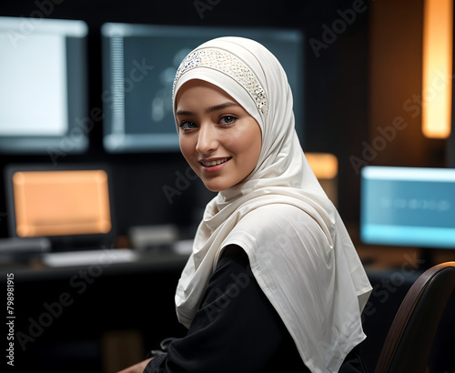 Office concept, Confident Muslim woman with brown eyes and dark hair, wearing a white hijab, smiling in an office setting