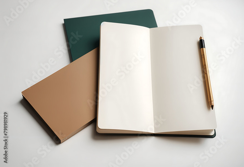 stationery or education concept An open blank notebook with a pen