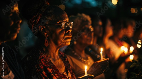 Memorial ceremony uniting all ages and races, holding candles for slave trade victims. International Day for the Remembrance of the Slave Trade and Its Abolition, August 23 photo