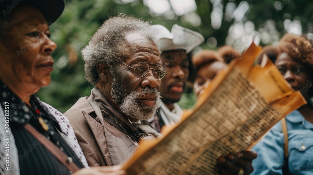 A solemn moment as a diverse group reads an aged abolition proclamation together. International Day for the Remembrance of the Slave Trade and Its Abolition, August 23