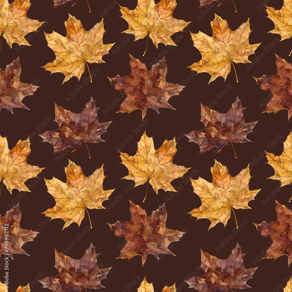 Dynamic seamless pattern featuring watercolor autumn leaves, adding movement to fabric, wallpaper, and poster designs Dynamic seamless pattern featuring watercolor autumn leaves, adding movement to fabric, wallpaper, and poster designs