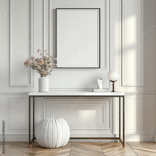 Elegant black frame on white marble table complements modern decor