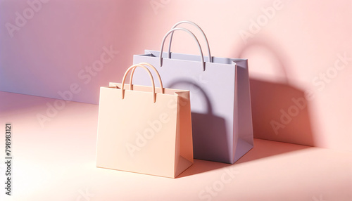 A minimalist with two pastel colored shopping bags, one lavender and one peach, against a soft pink background