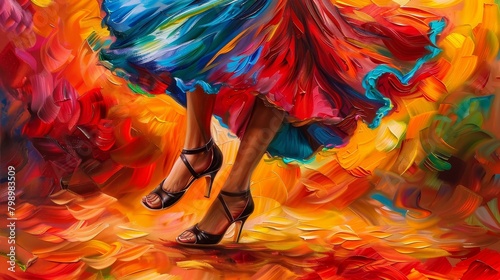 Capture the essence of Flamenco Dance using vibrant acrylic colors in a high-angle view Showcase the passion and intensity with unexpected close-ups on the intricate footwork photo