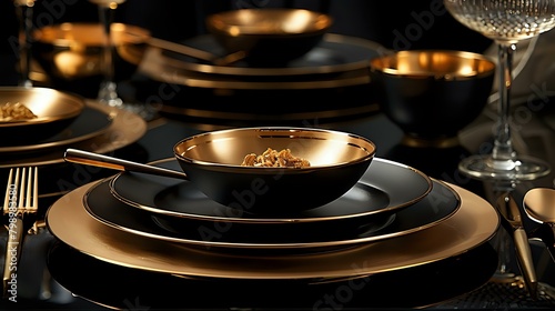 Modern Elegance: Black and Gold Tableware with Luxurious Spoon
