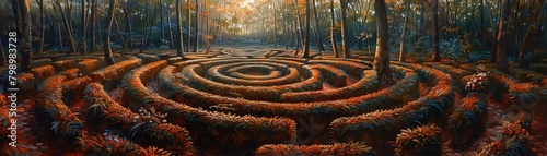 Enchanted maze, blooming hedges, high noon, maze adventure painting, labyrinth journey, sunlit paths, challenging quest photo