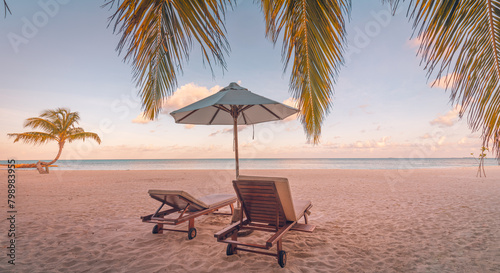 Amazing beach. Chairs umbrella sandy beach sea sky. Luxury summer holiday  vacation resort hotel for tourism. Inspire romantic tropical landscape. Tranquil scene relax coast beautiful couple paradise