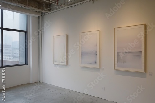 Minimalist white frame on a light grey wall, clean lines, soft natural lighting, all emphasize simplicity photo