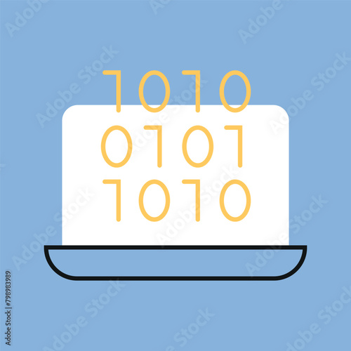 a computer. work. the icon. blue background. programming. write code. code. programmer. working with the code. write a program. The icon is flat.