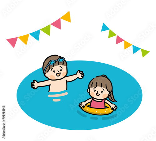 プールで遊ぶ女の子と男の子