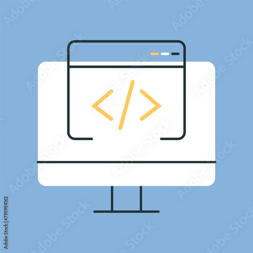 a computer. work. the icon. blue background. programming. write code. code. programmer. working with the code. write a program. The icon is flat.