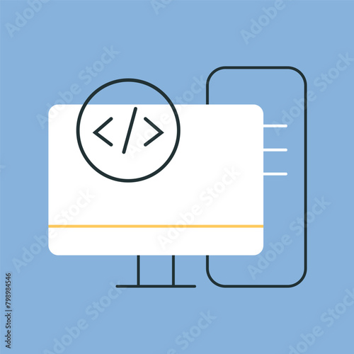 a computer. work. the icon. blue background. programming. write code. code. programmer. working with the code. write a program. The icon is flat.