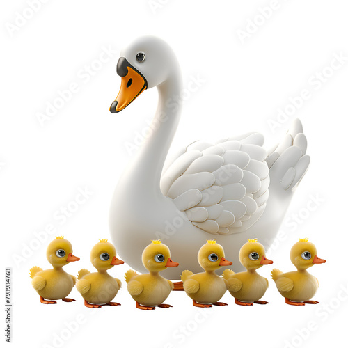 A 3D animated cartoon render of a gallant swan leading a group of ducklings to safety across a busy road.