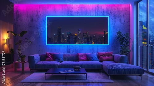 Neon blue frame lights up modern art, enhancing minimalistic living room vibe