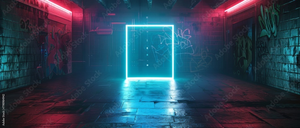 Neon green frame in a dark urban setting with graffiti walls in the background gives off a street art vibe