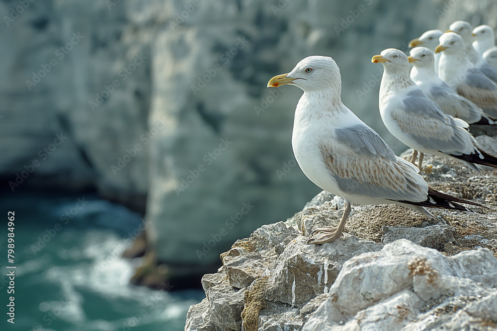 3. Seaside Sentinels: Along the rugged coastline, a flock of seagulls congregates on weather-beaten cliffs, their white plumage contrasting sharply against the deep blue hues of th 3. Seaside Sentinels: Along the rugged coastline, a flock of seagulls congregates on weather-beaten cliffs, their white plumage contrasting sharply against the deep blue hues of th