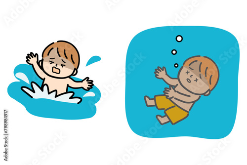 溺れて助けを求める子供と静かに溺れる子供のイラスト