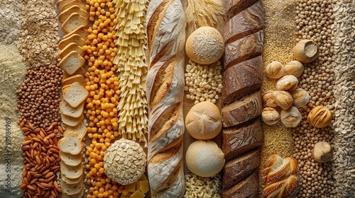 Array of carbohydrates from breads to grains, captured in natural light, speaks to culinary diversity and the foundation of global diets.
