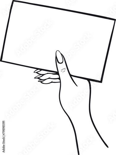 Woman hand holding rectangle empty paper sheet blank minimalist black line vector illustration