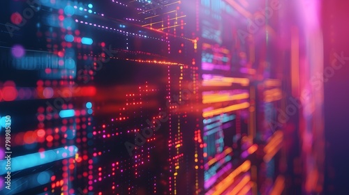 Closeup View of Algorithmic Trading System with Floating Data Visualizations and Abstract Geometric Shapes in Vibrant Colors