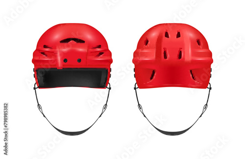 Red ice hockey helmet front and back view set realistic vector sport activity head protection