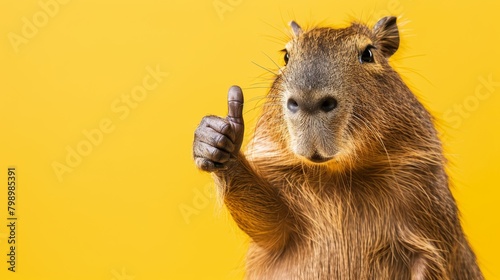 Portrait of a beautiful happy capybara holding two thumbs up as a sign of excellent work on an isolated yellow background. photo