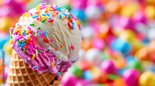 ice cream day, delicious icecream with colorful sprinkles with copy space