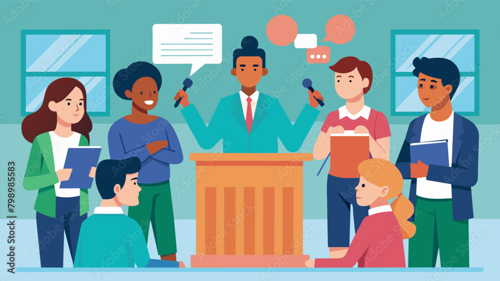 A mock debate in a high school classroom where students are given the opportunity to research and argue about various aspects of equality.. Vector illustration