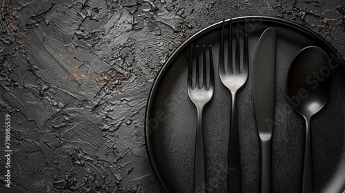 Stylish matte table setting with modern cutlery on a rustic ebony surface creating a dramatic dining scene
